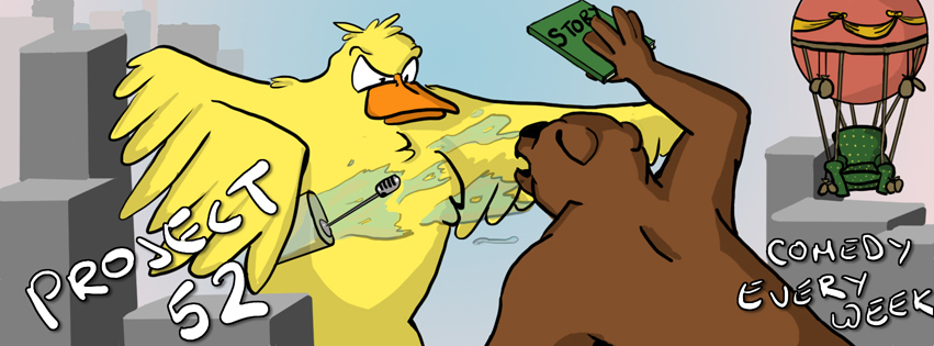Cartoon of Giant Duck fighting a Giant Bear